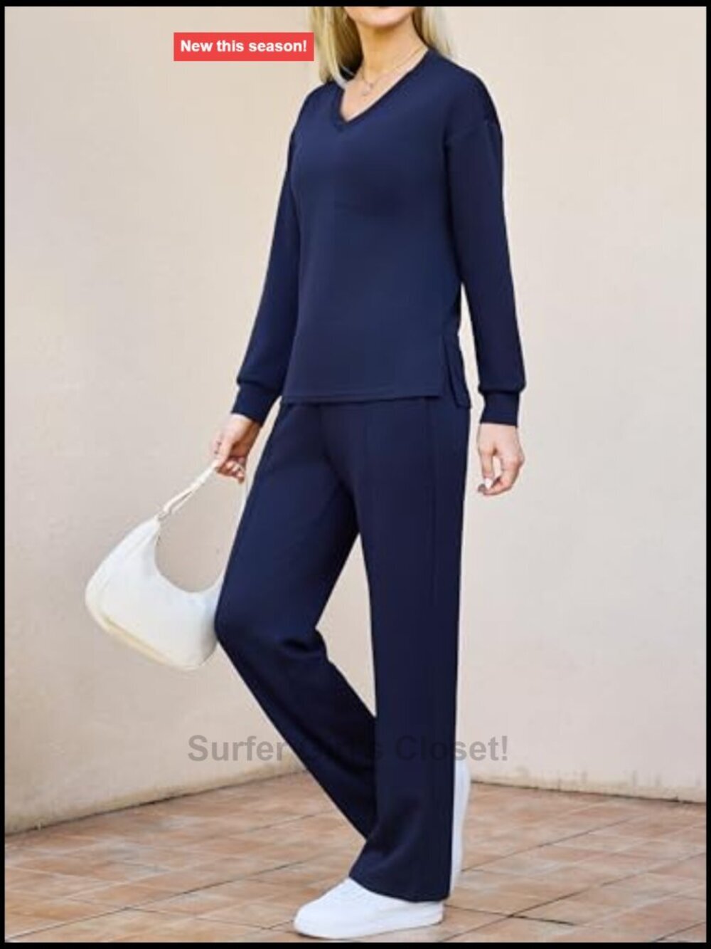 Women's 2 Piece Lounge Set Side Slit V-Neck Top & Wide Leg Pants Matching Outfit - Picture 3 of 7